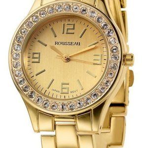 NEW Rousseau 9056 Women's Rene Swarovski Bezel Yellow Gold Tone Bracelet Watch